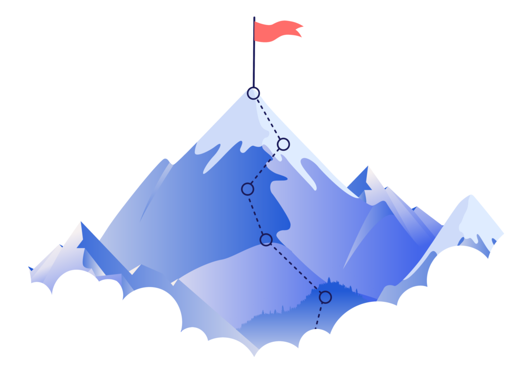 Illustration of a mountain peak above the clouds with a dotted line path leading to the flagged peak.